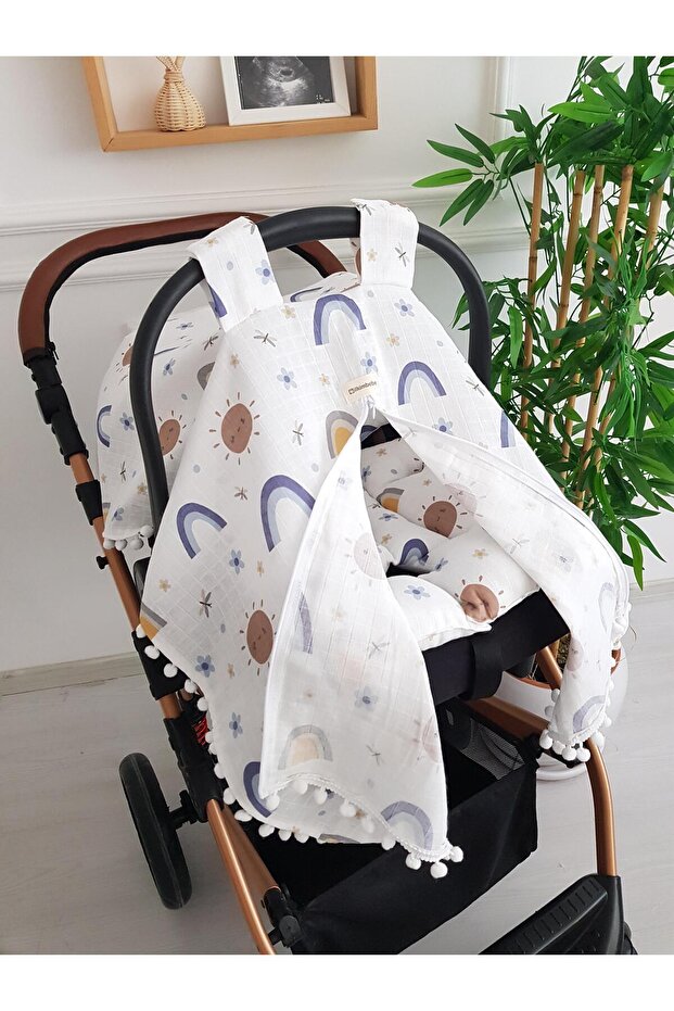 Sun and Rainbow Muslin Zippered Stroller Cover and Cushion