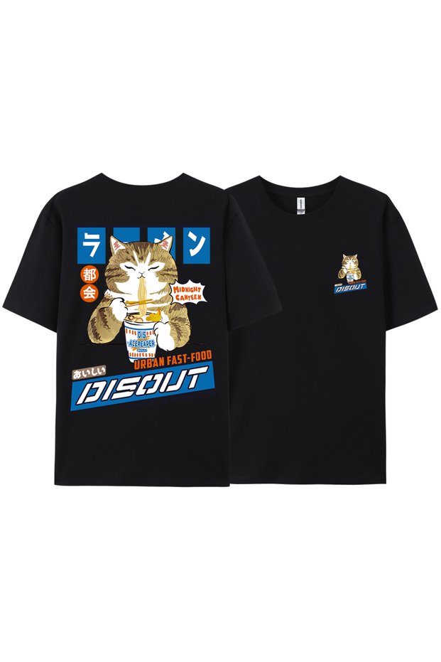 Y2K Vintage T-Shirt Tee Harajuku Cat Cartoon Eating Noodles