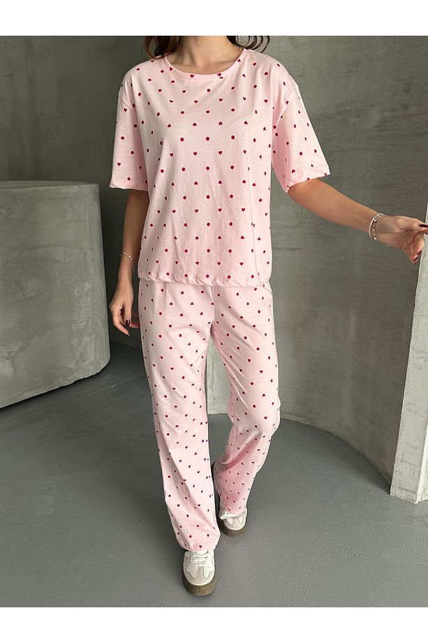 Kadın Baskılı Pijama Takımı - Kalpli Desenli - 3