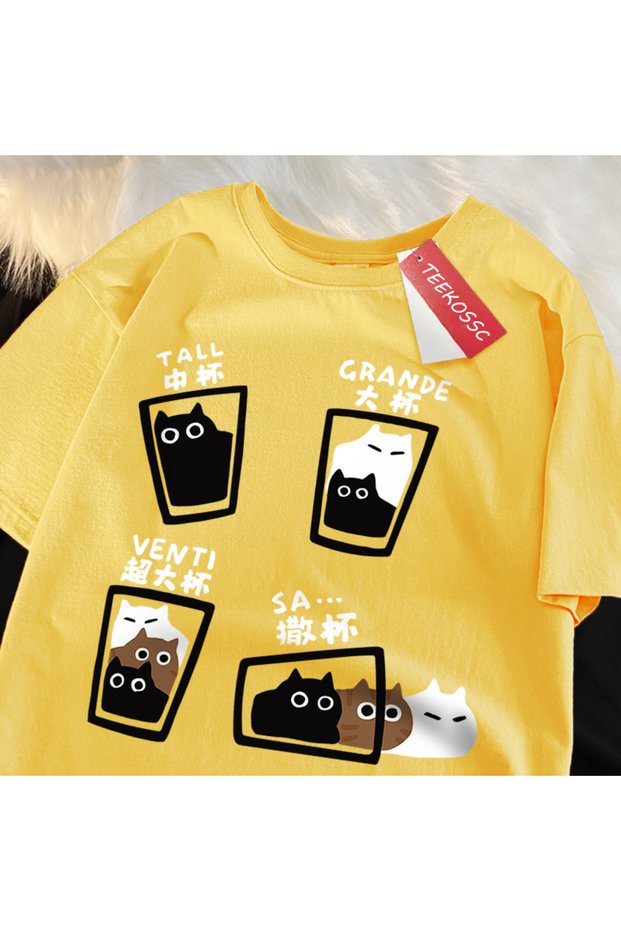 Y2K Vintage T-Shirt Tee Coffee Cup Fun Cat Print
