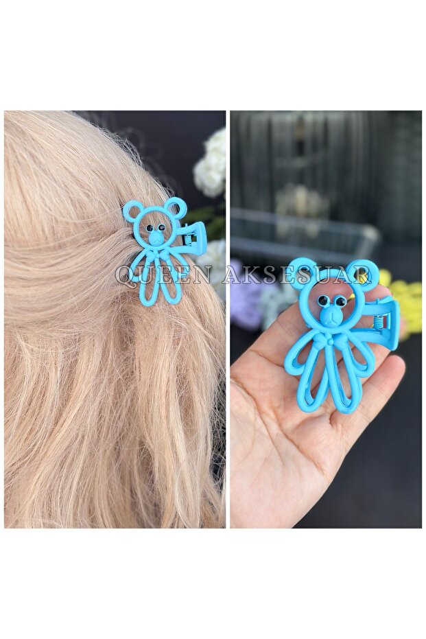 Cute Matte Color Crystal Stone Eyes Teddy Bear Clothespin Buckle Bear Clip Blue