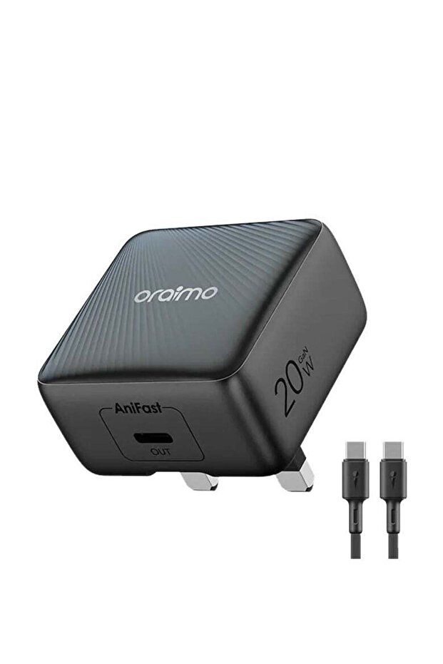 شاحن حائط باور كيوب شحن سريع بقوة 20 وات بمنفذ USB-C مع كابل USB-C لون أسود