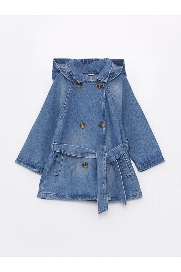 Indigo Kapüşonlu Uzun Kollu jean Kız Bebek Trençkot - 1