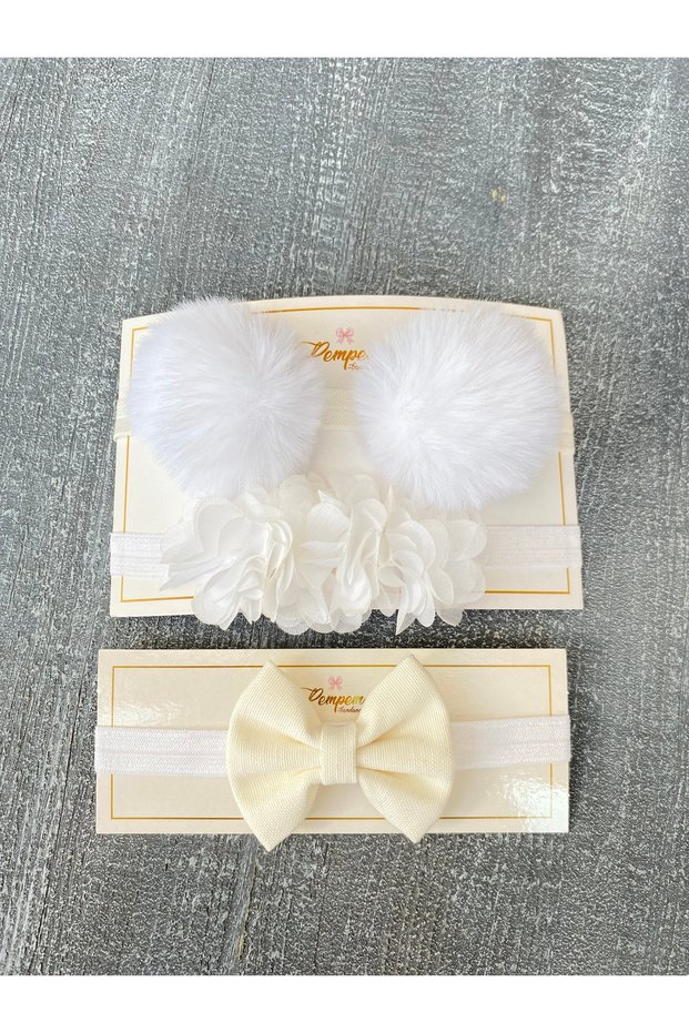 Pembem Bandana Girl Child Pompom, Laser Flower, Bow Tie Bandana Set