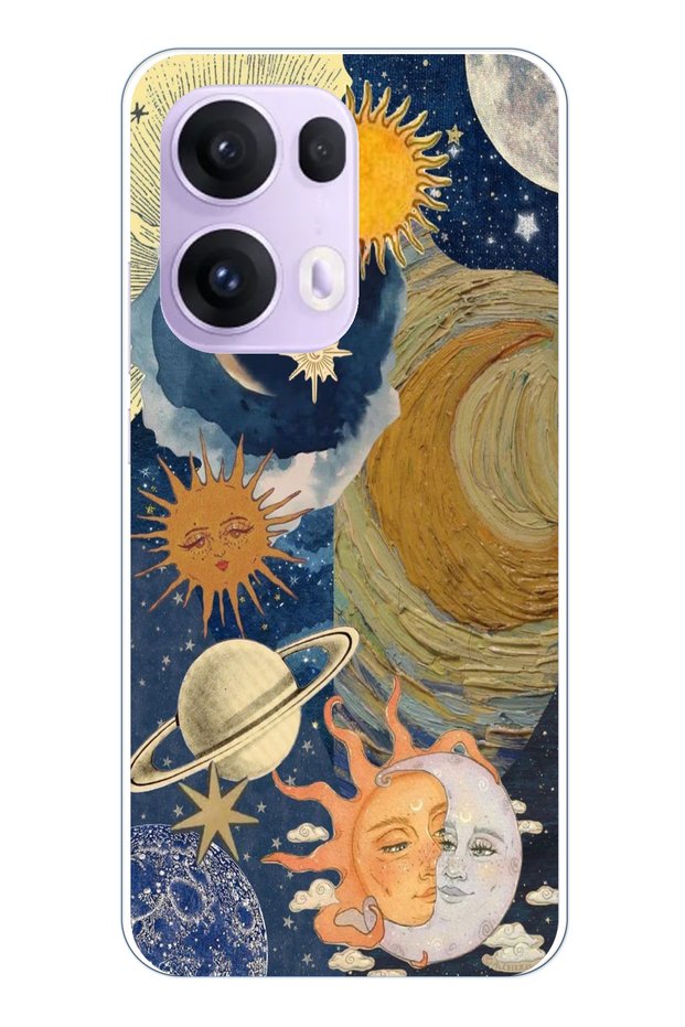 حافظة سيليكون شفافة متوافقة مع هاتف OPPO Reno 13 PRO مع تصميم Solar and Moon Universe
