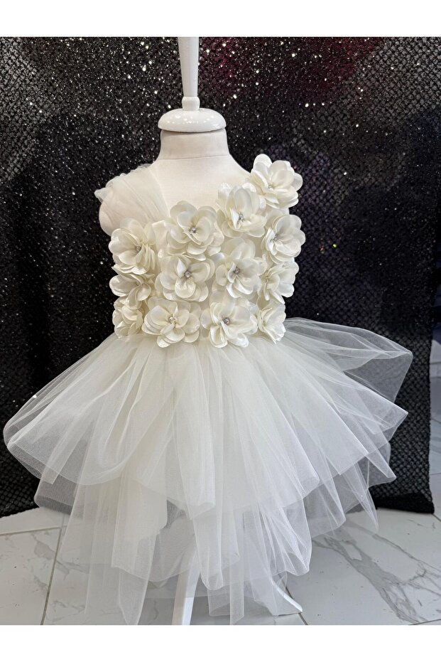 Flowered Tulle Strap Stone Girl's White Evening Dress