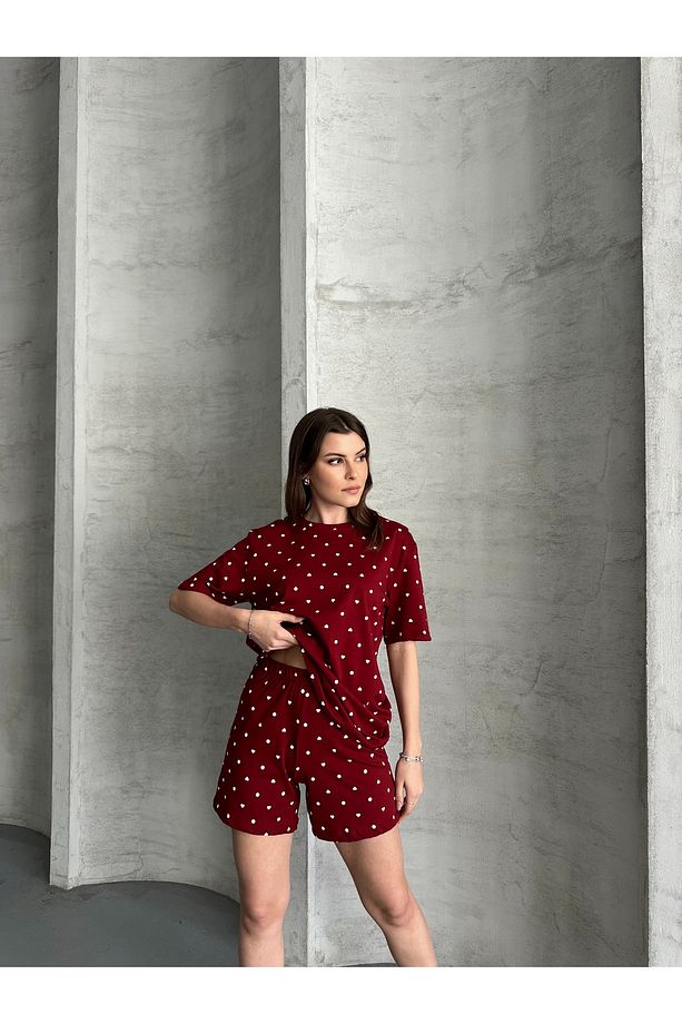 Kadın Şortlu Organik Pijama Takımı – Kalpli Baskılı – Let’s Basic – Yazlık / Ev Giyim - 3