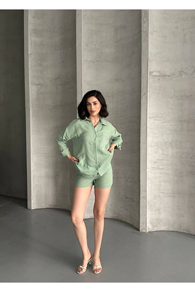 Women's Linen Look Summer Shirt Shorts Two-Piece Set
