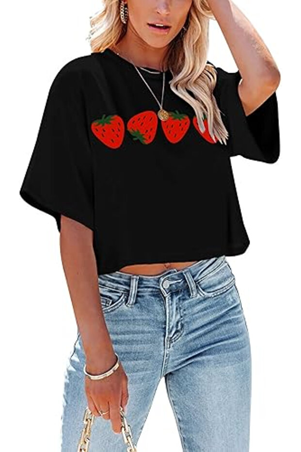 Strawberry print t-shirt, comfortable strawberry print crop top for fruit lovers