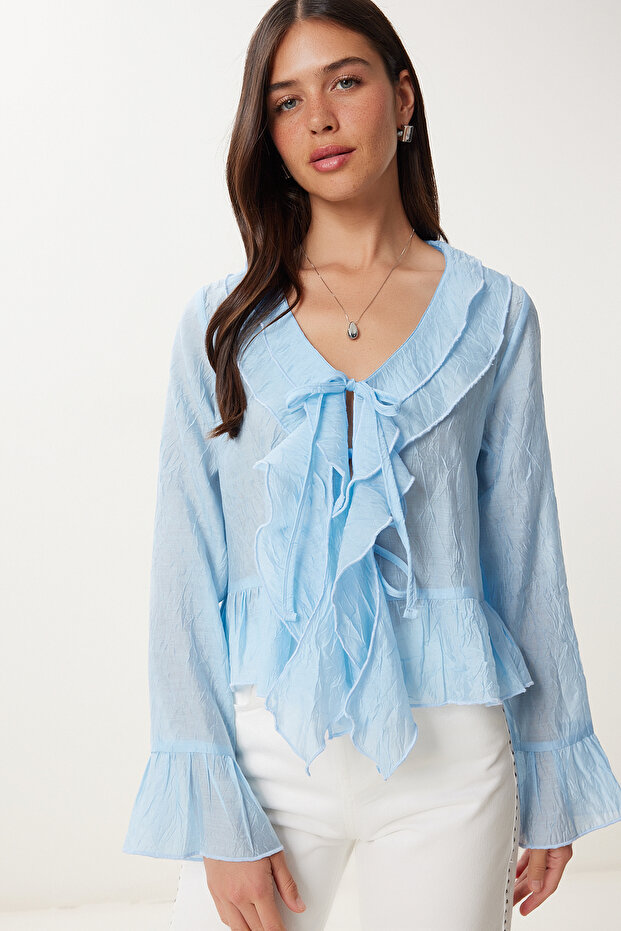 Textured Flounce Lightweight See-Through Modal Blouse