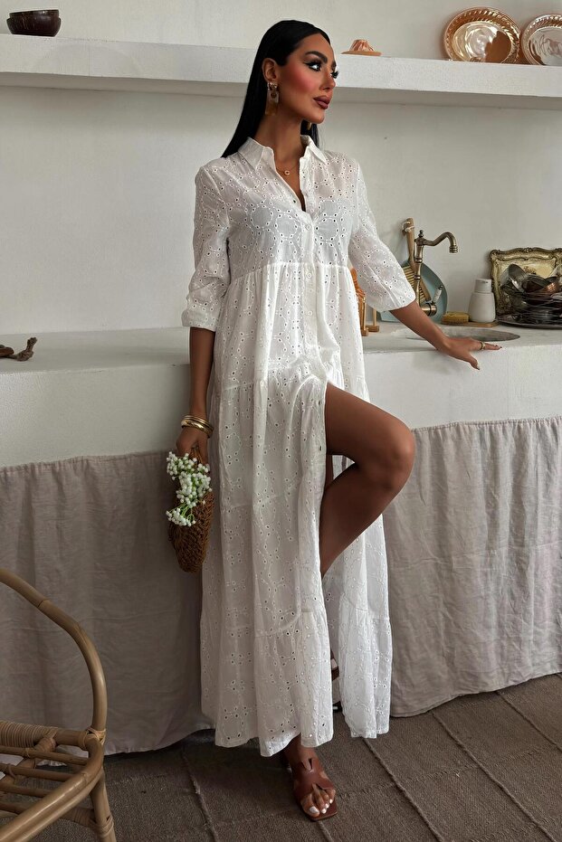 Women's White Wrinkle-Resistant V-Neck Long Dress