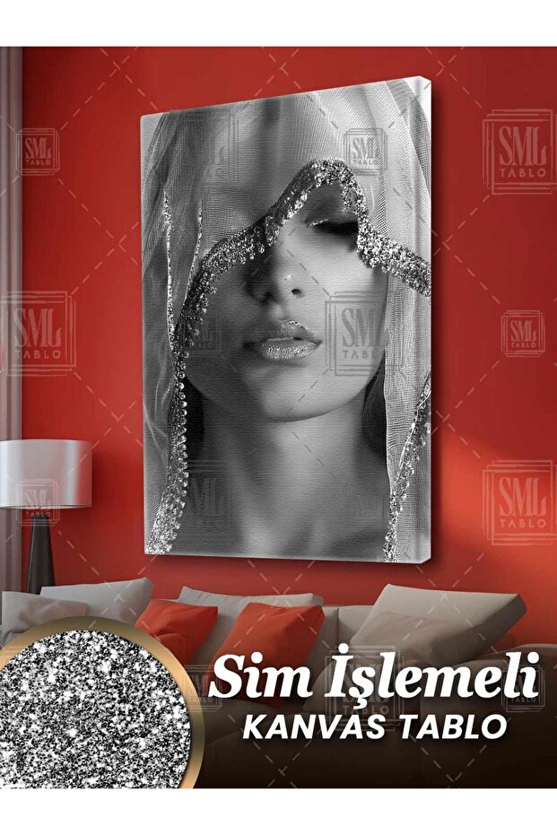 Simli Gümüş Pırıltılı Eşarplı Kadın Model Sim İşlemeli Dikey Kanvas Tablo - 1