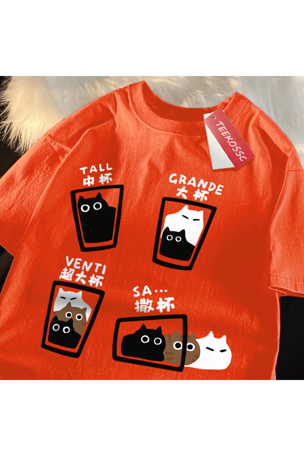 Y2K Vintage T-Shirt Tee Coffee Cup Fun Cat Print