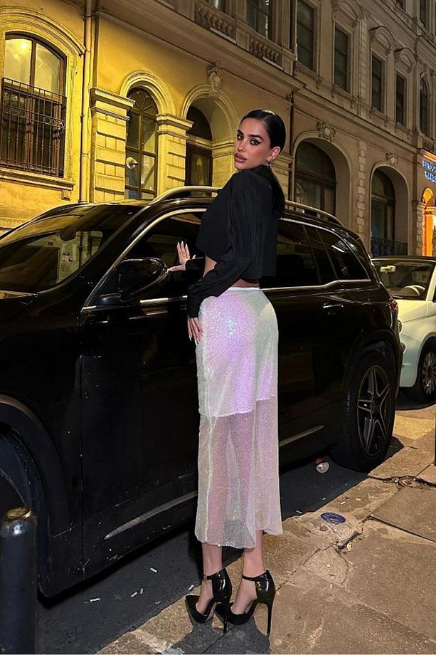 Kadın Ekru Parlak Polyester Pulpayet Midi Etek - 7
