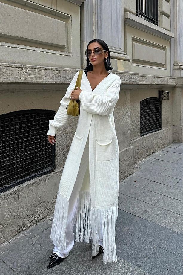 Kadın Ekru Oversize Kruvaze Triko Uzun Hırka - 2