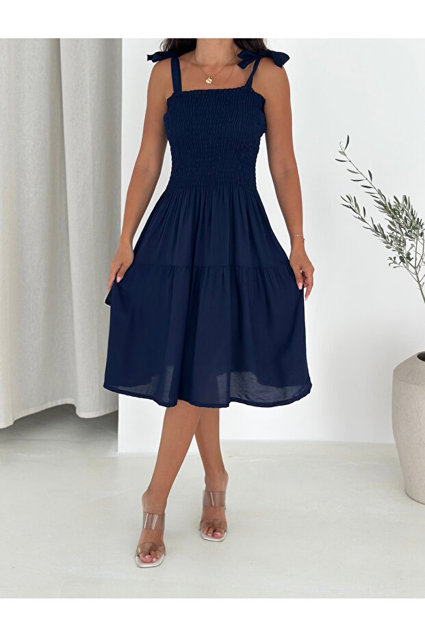 Women's Navy Blue Skirt with Ruffles Flexible Strap Comfortable Summer Viscose Fabric Dress Height 100 cm