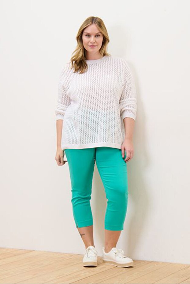Women Crew Neck Long Sleeve Crochet Sweater, White