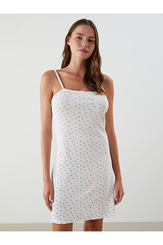 LCW Young Ekru Kare Yaka Çiçekli Kadın Gecelik - 2