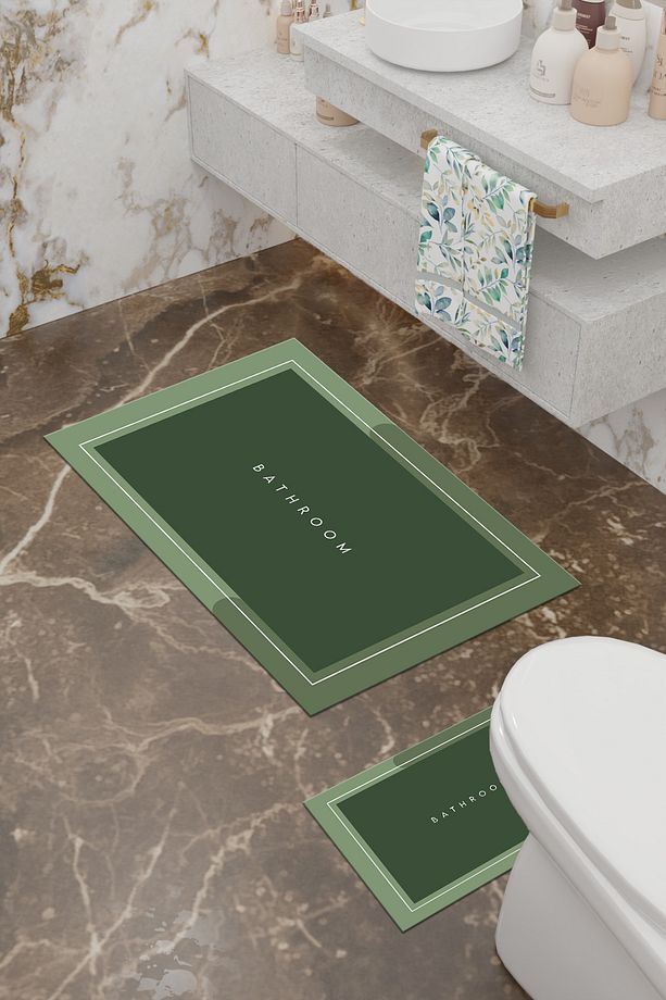 Bathroom Desenli Eko Banyo Paspası, Kaymaz Taban, Makinada Yıkanabilir, Dijital Baskı 2'li Set - 3