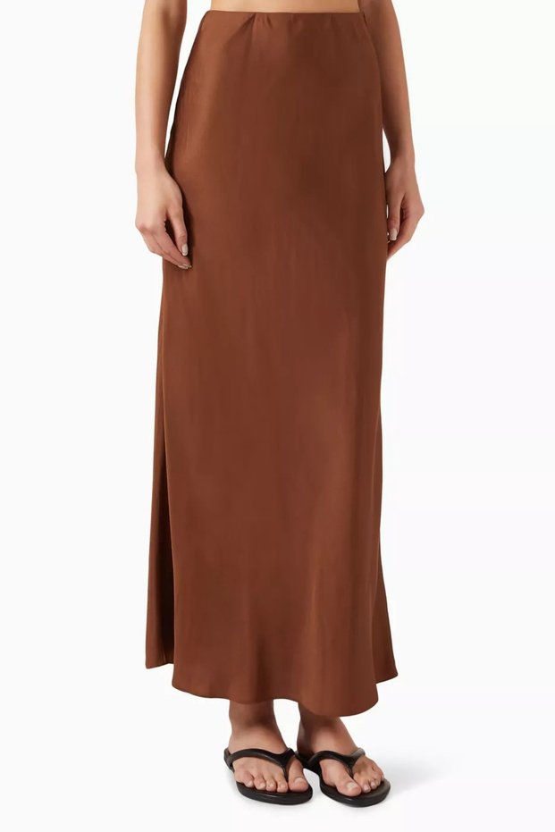 Silk Maxi Skirt, Elegant and Flowing Cut Brown in Matte Mulberry Silk