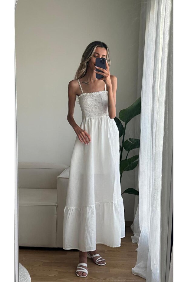 Keten Gipeli Askılı Elbise - 4