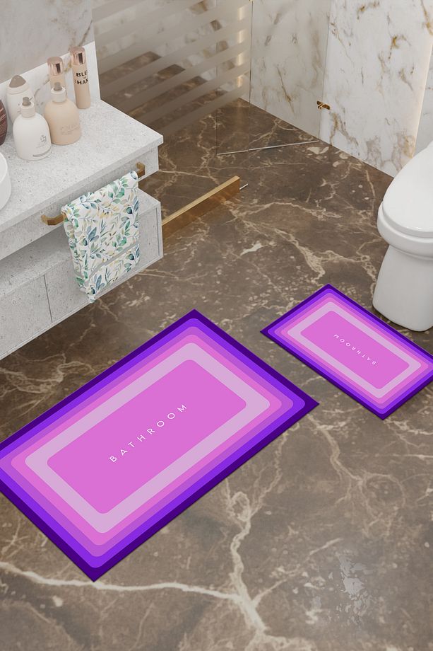 Bathroom Desenli Eko Banyo Paspası, Kaymaz Taban, Makinada Yıkanabilir, Dijital Baskı 2'li Set - 2