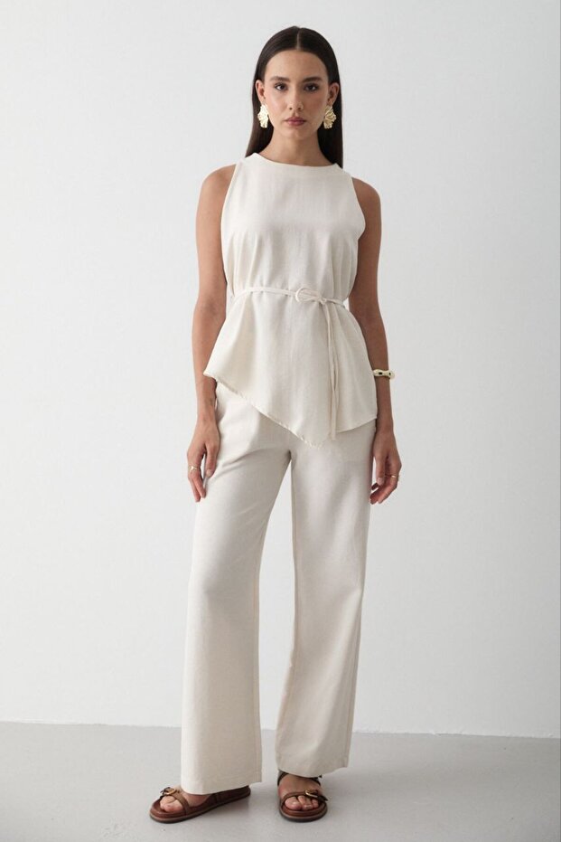 White Belted Asymmetrical Blouse Suit - 8784