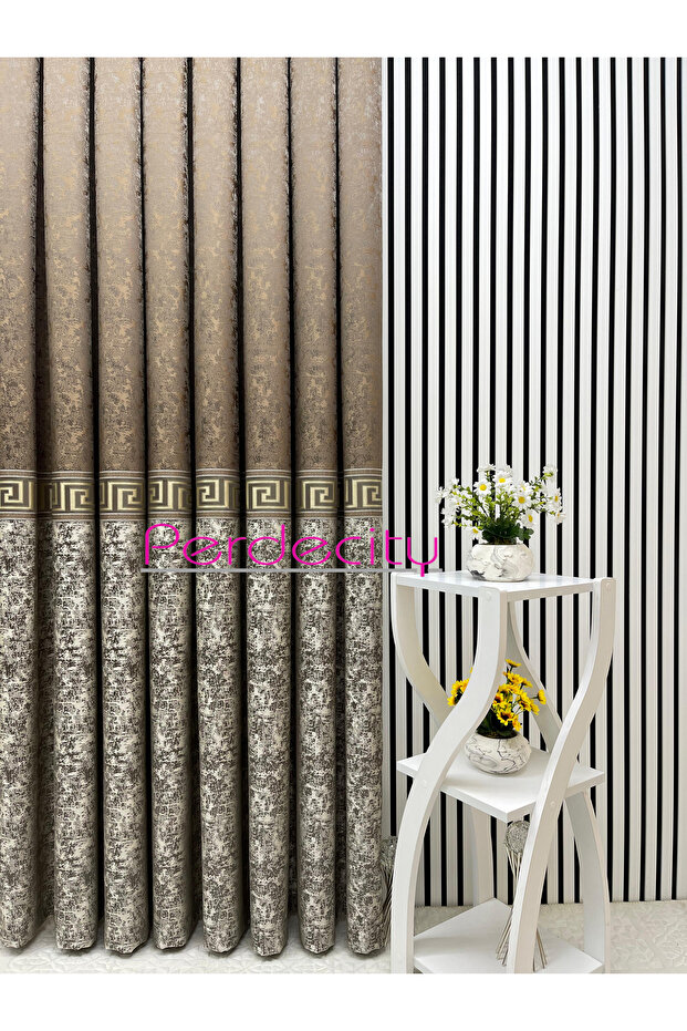 Poseidon Coffee Gold Detailed Board Background Curtain 1X3 Frequently Folded [Single Wing] Suitable for Any Room, No Ironing Required