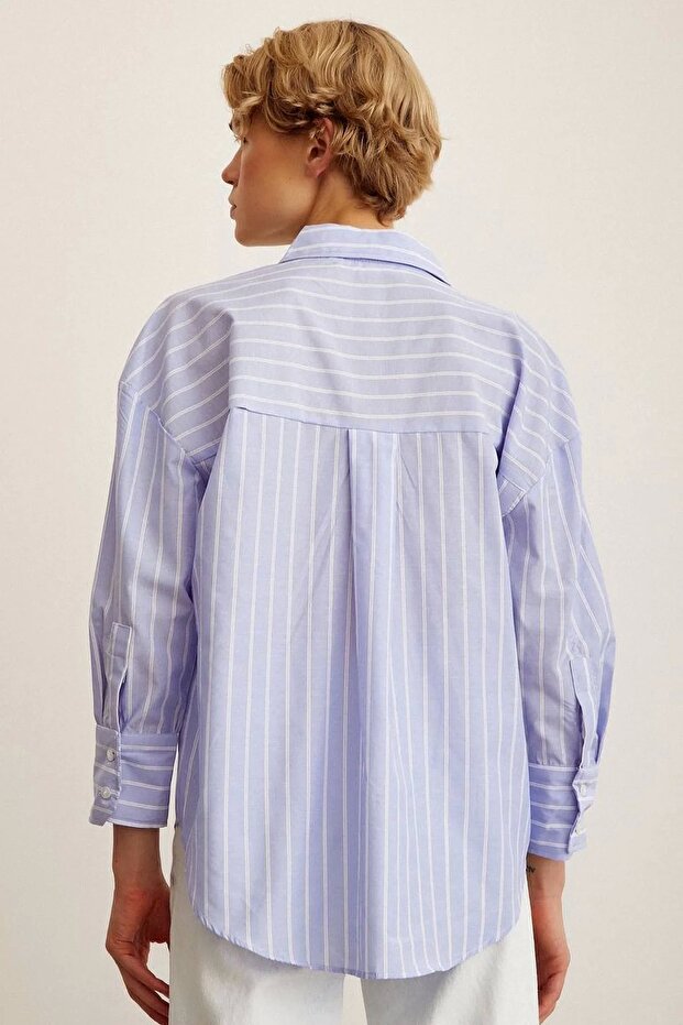 Basic Çizgi Oversize Kadın Mavi Gömlek - 2