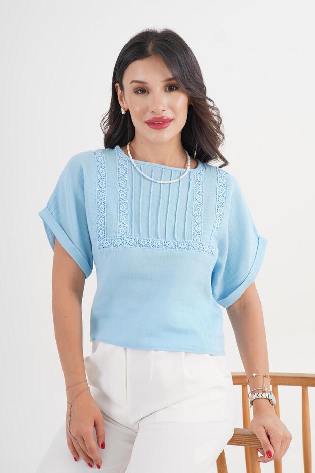 Front Laced Short Sleeve Blue Blouse