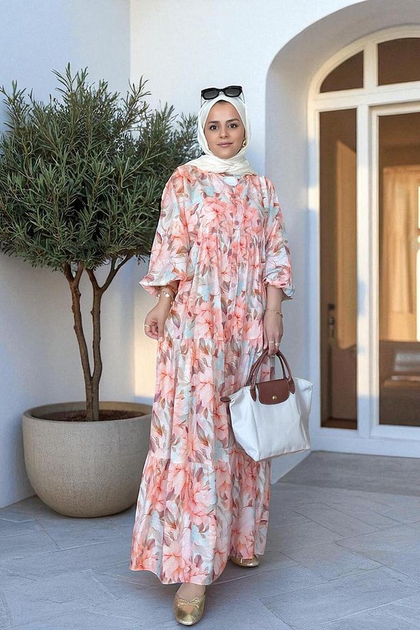 Pamuklu Çiçek Desenli Yazlık Robalı Elbise Mavi-Pembe - 3