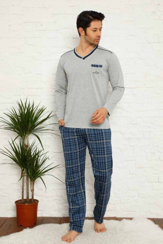 Gray Plaid Long Sleeve Men's Pajama Set 1167Uy