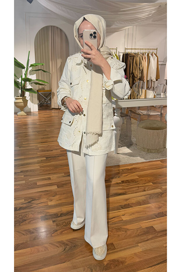Eyelet Embroidery Long Jacket - Cream