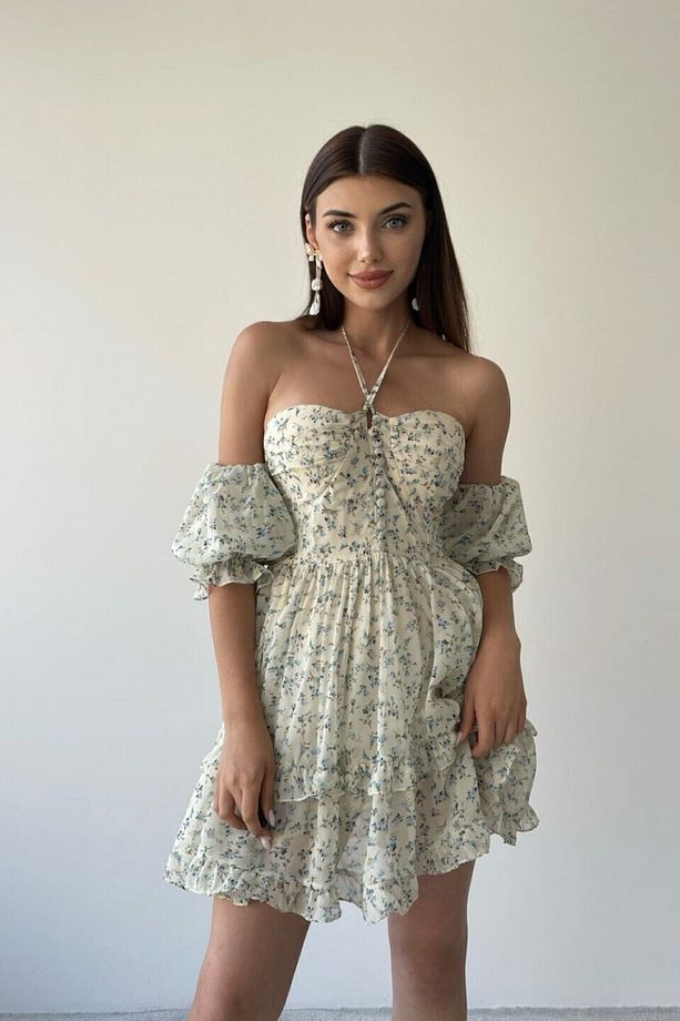 Krem Mavi Mini Çiçekli Elbise - 1