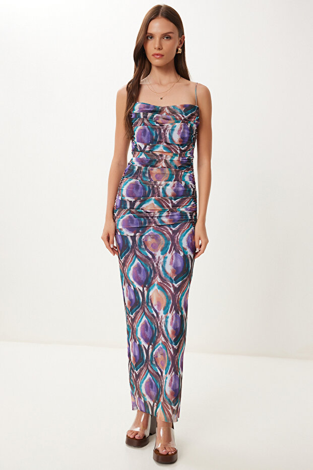 Draped Strap Saran Stretchy Tulle Dress
