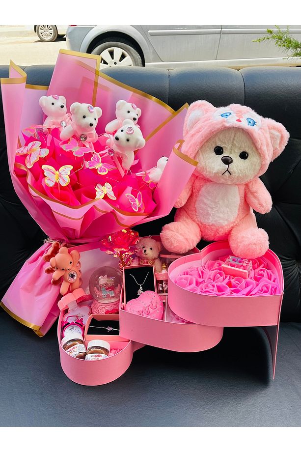 Pembe 3 katlı hediye kutusu puffy hug hediye seti - 3