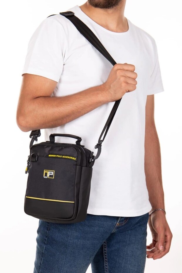 Men's Quatro Fabric Hand and Shoulder Bag - Black - Yellow