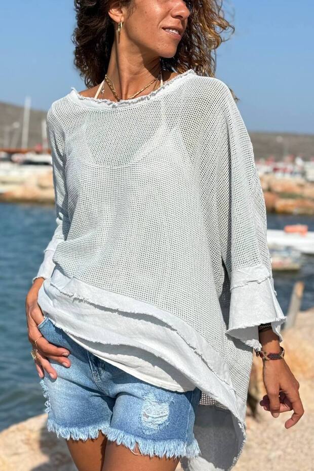 Italian Gray Boat Neck 3/4 Sleeve Lined Dirty Stitching Mesh Loose Woven Blouse 65 75