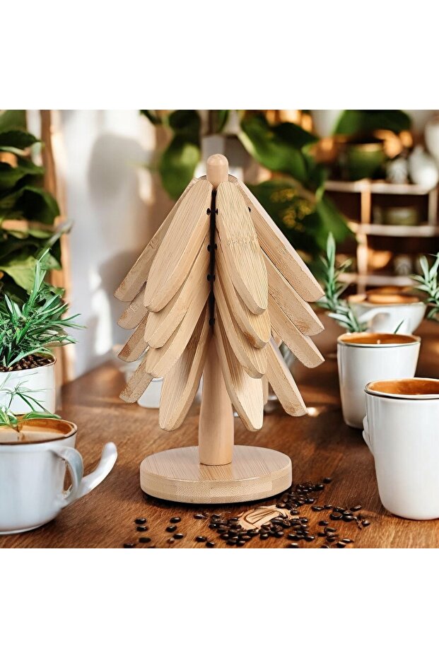 Ahşap Ağaç Nihale - Bambu Nihale - Pratik Katlanır Nihale - Bambu Bardak Altlığı-4lu stand - 2