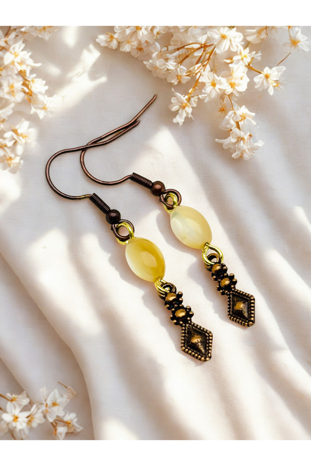Brown Natural Stone Earrings 8mm Barley Cut – Dark Copper Zamak Geometric Earrings with Minimal Hook 5.5cm