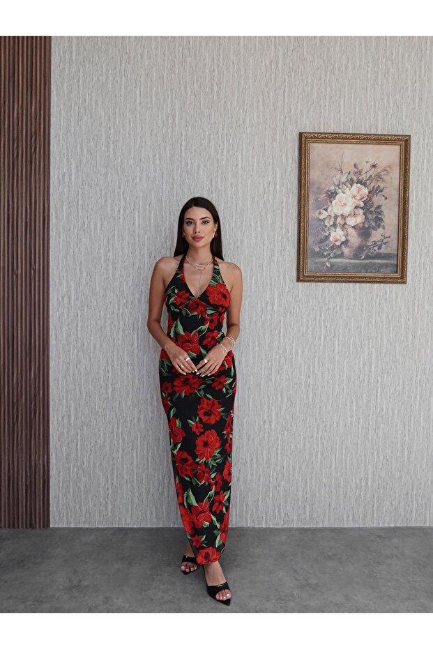 Halter Neck Floral Pattern Long Dress