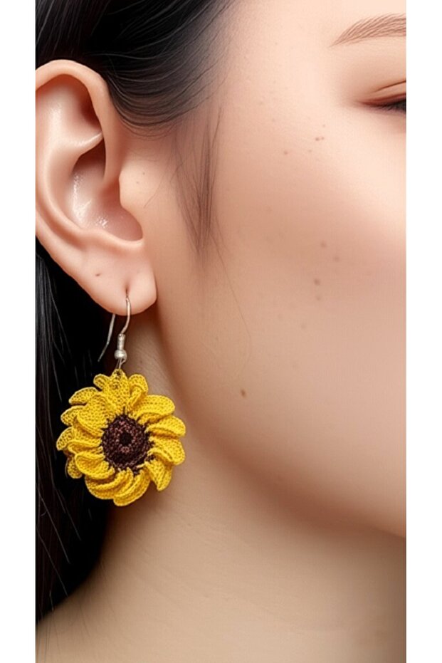 Handmade Crochet Sunflower Earrings – Dangle Steel Flower Design