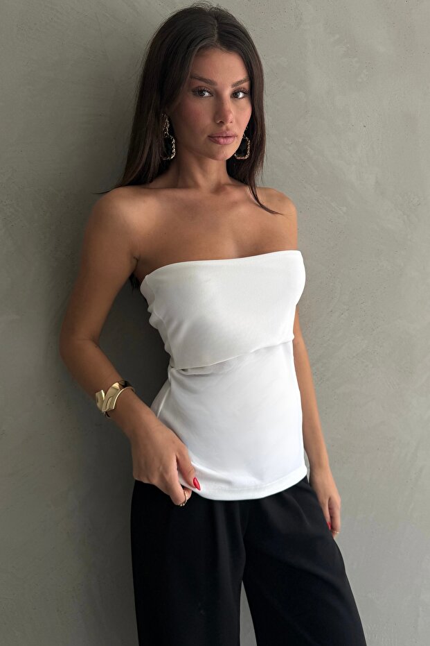 Straplez Yaka Krep Örme Bluz - 6