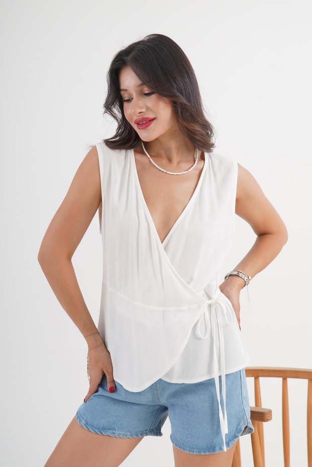 Double Breasted Cut Ecru Blouse with Wrap Tie Detail