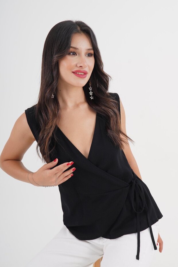 Double Breasted Cut Black Blouse with Wrap Tie Detail