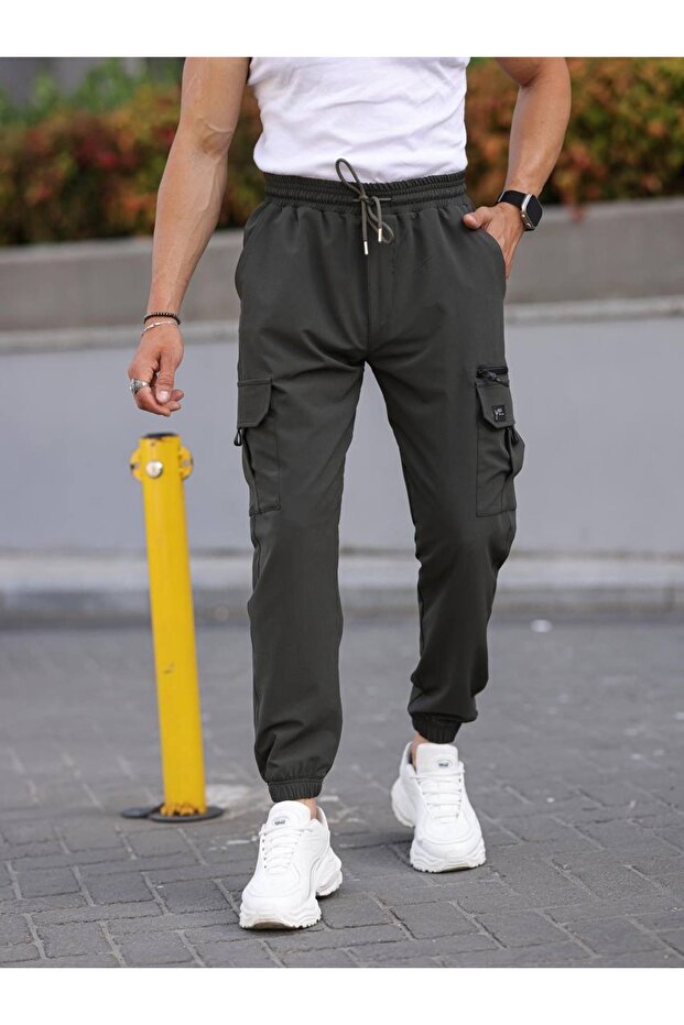 Parachute Fabric Comfortable Elastic Leg Slim Fit Jogger Khaki Men's Pants with Cargo Pockets