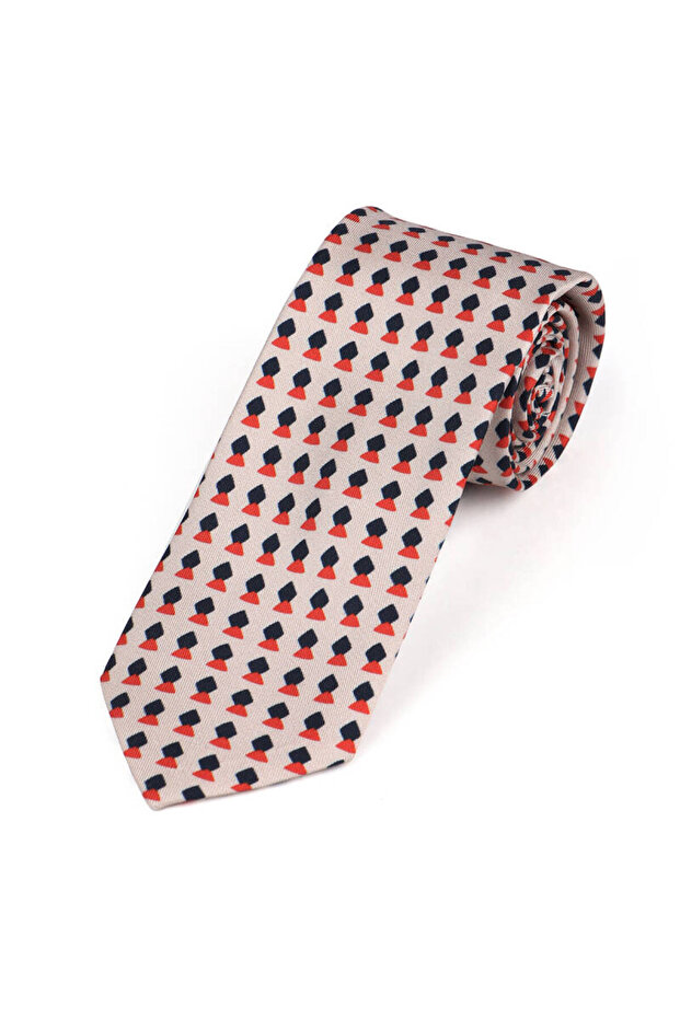 طقم ربطة عنق حريرية منقوشة باللون البيج - 2