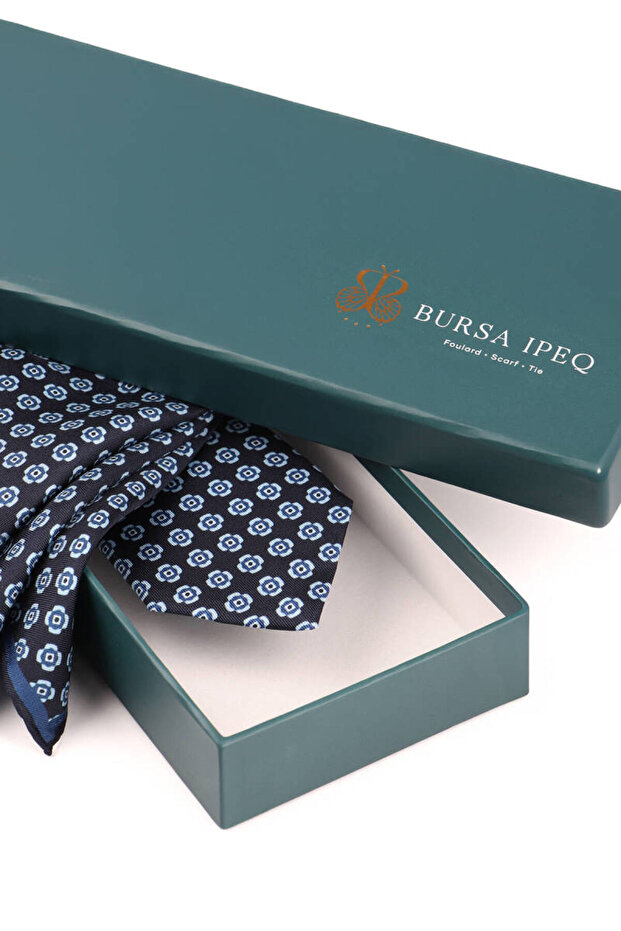 Navy Blue Patterned Silk Tie Set - 3