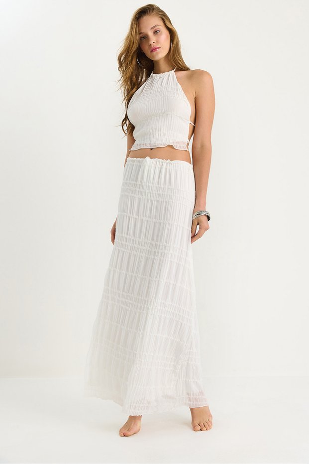 Women's White Back Detailed Gipeli Crop Blouse Lined Pleated Skirt Set 9542 60283444