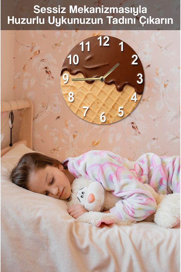 🍫 Tatlı Saat – Dondurma Külah Desenli 3D Görünümlü MDF Duvar Saati (33 cm) SDW338 - 5